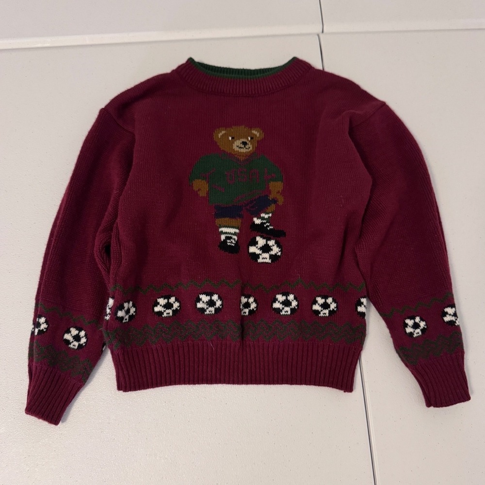 Vintage USA Soccer Bear Knit Sweater Burgundy Maroon Crewneck Kids u3
